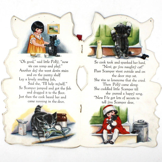 Greeting Card / Christmas, Die Cut 1920's Scamper Cat, Kitten Christmas Story Book Card, Antique, SOLD