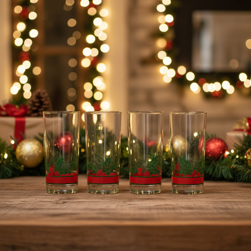 Glasses, Cocktail / Highball, Libbey, Holly & Berries Christmas Holidays Coolers, Blown Glass, Set of 4, Vintage