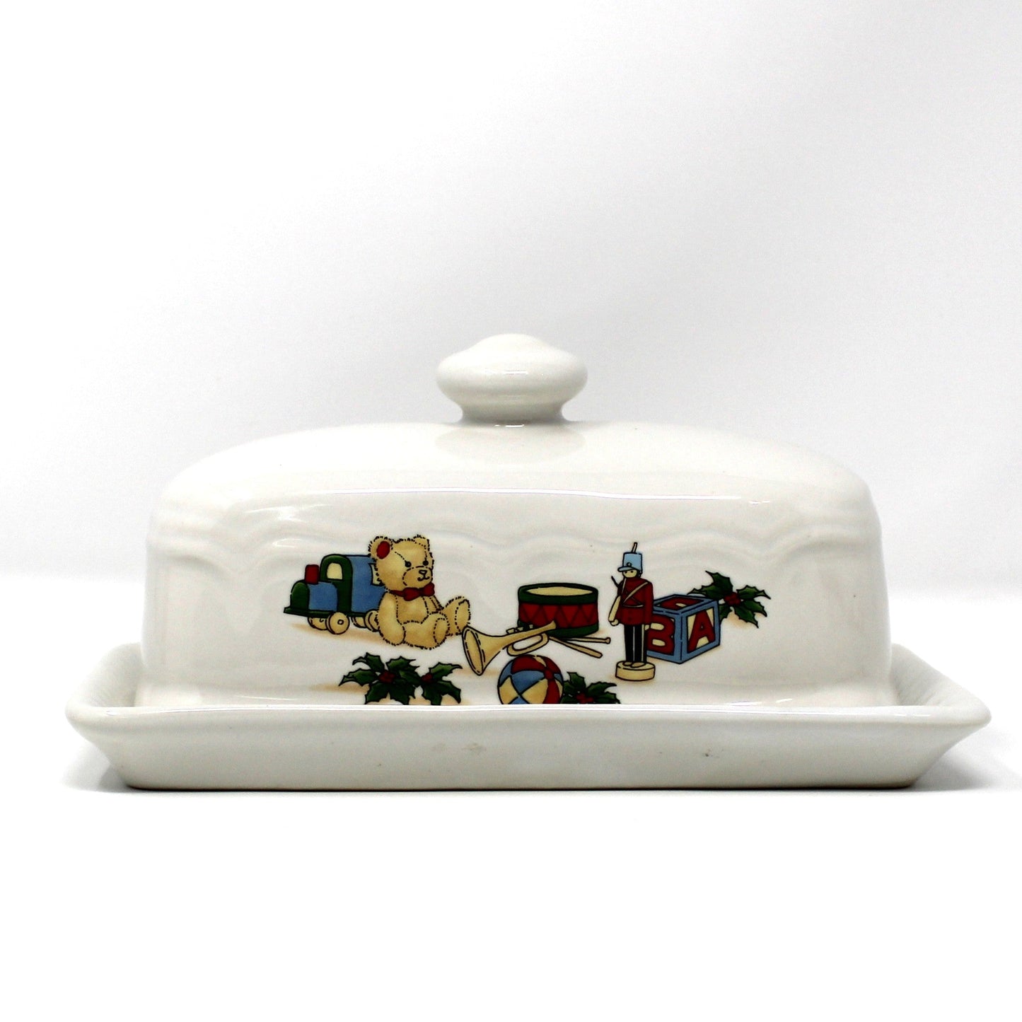 Butter Dish, Christmas Toys Design Covered Butter with Underplate, Ceramic, Vintage, 1980's