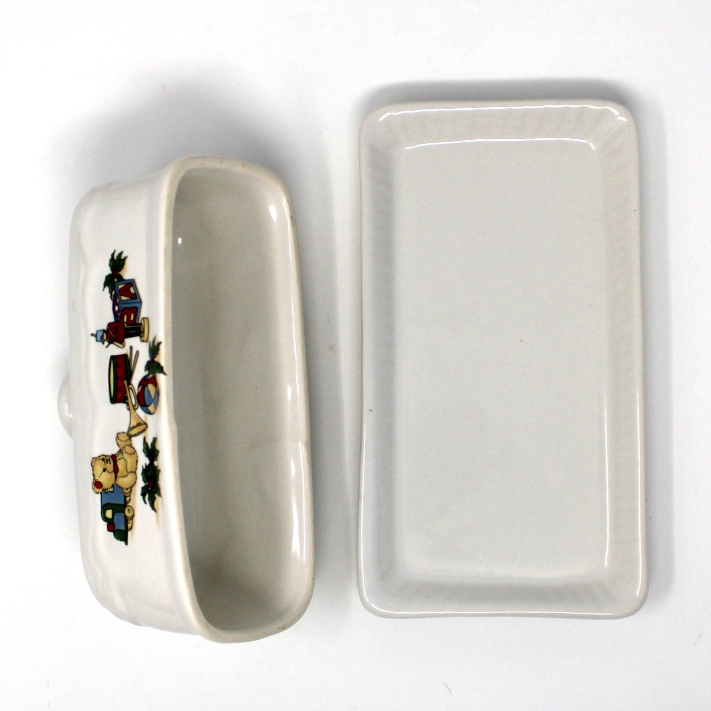 Butter Dish, Christmas Toys Design Covered Butter with Underplate, Ceramic, Vintage, 1980's