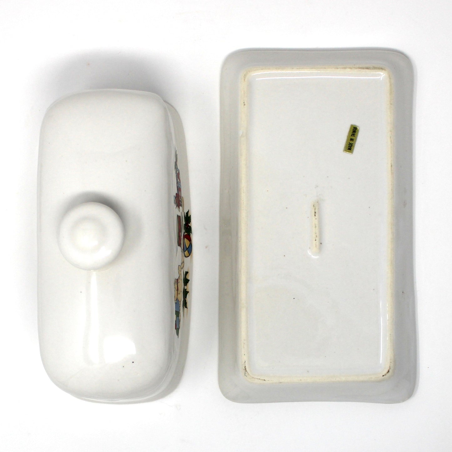 Butter Dish, Christmas Toys Design Covered Butter with Underplate, Ceramic, Vintage, 1980's