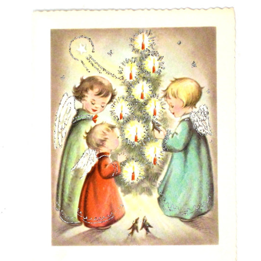 Greeting Card / Christmas Card, Angels with Tree / Violin, Glitter, Unused with Envelope, Original Coronet, Vintage Set of 2