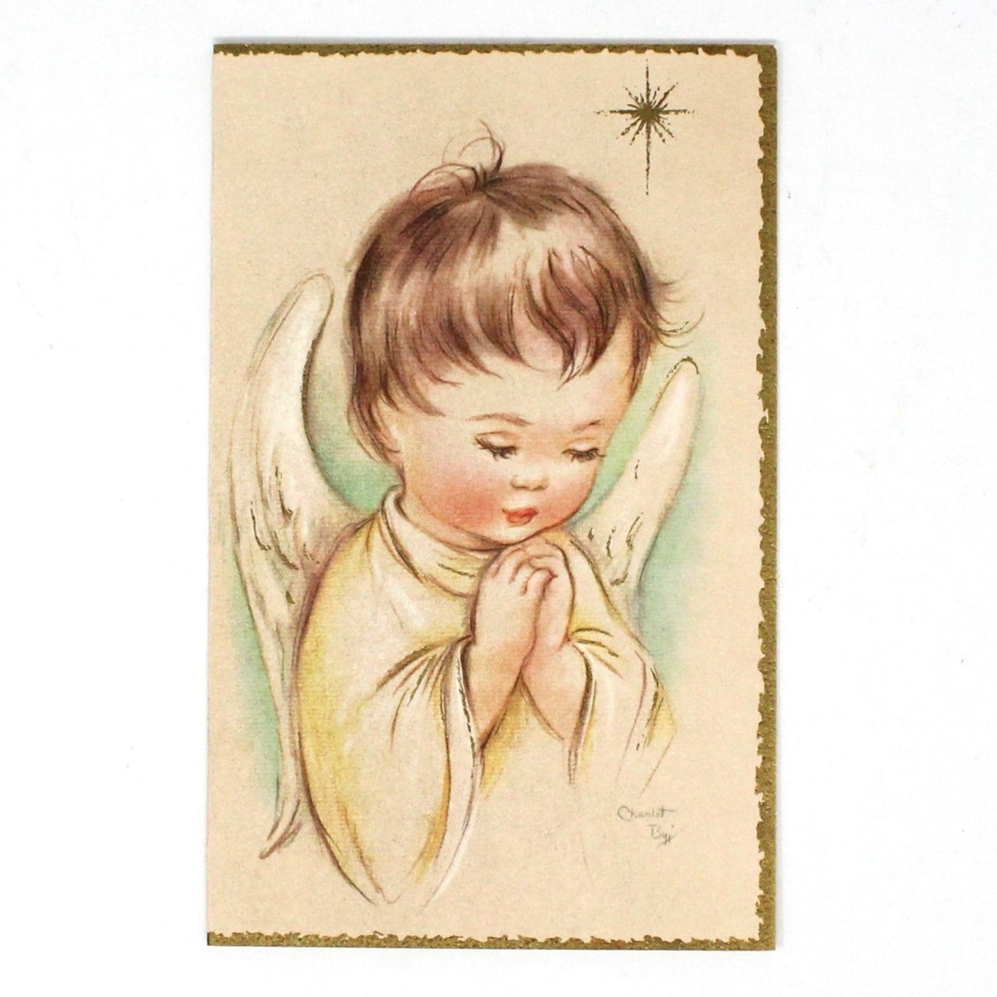 Greeting Card / Christmas Card, Charlot Byj, Angel Praying, Unused with Envelope, Original Coronation, Vintage