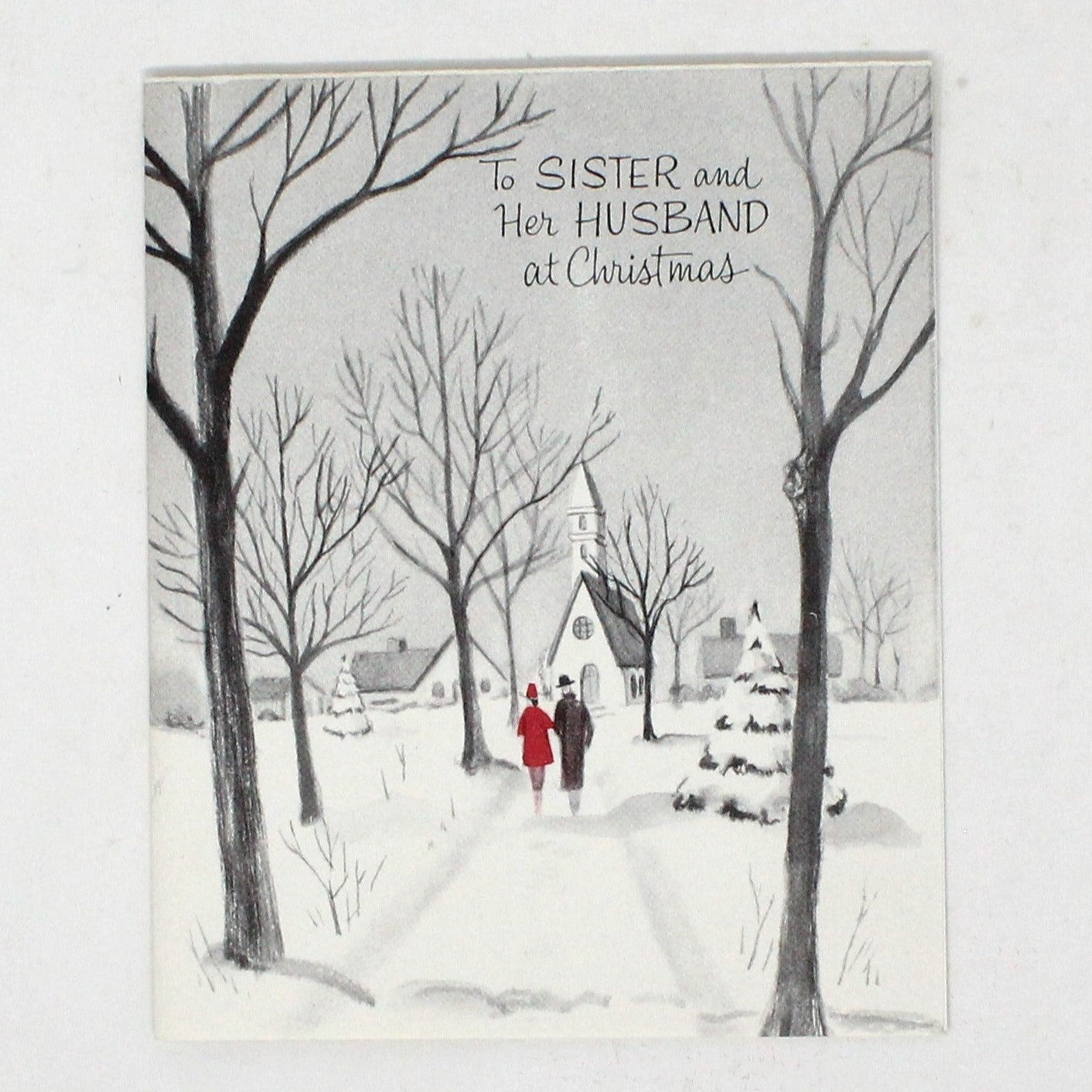 Greeting Card / Christmas Card, Sister & Husband, Walking to Church, Unused with Envelope, Original Stanley, Vintage
