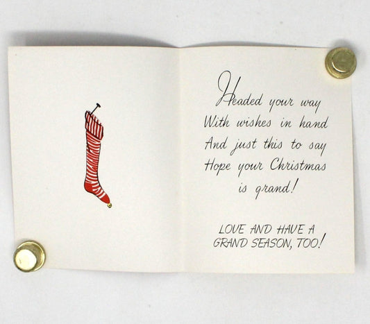 Greeting Card / Christmas Card, Sister, Girl Hanging Stocking, Unused with Envelope, Original Stanley, Vintage