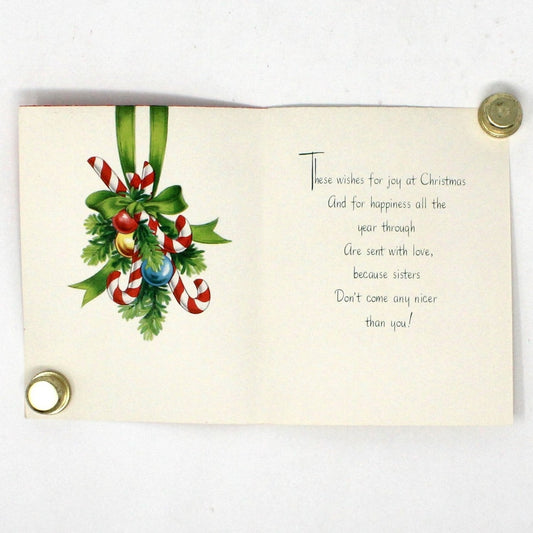 Vintage Christmas Card, 1950s Gift Box with Candy Canes & Ornaments, Stanley Greetings Unused, Ephemera