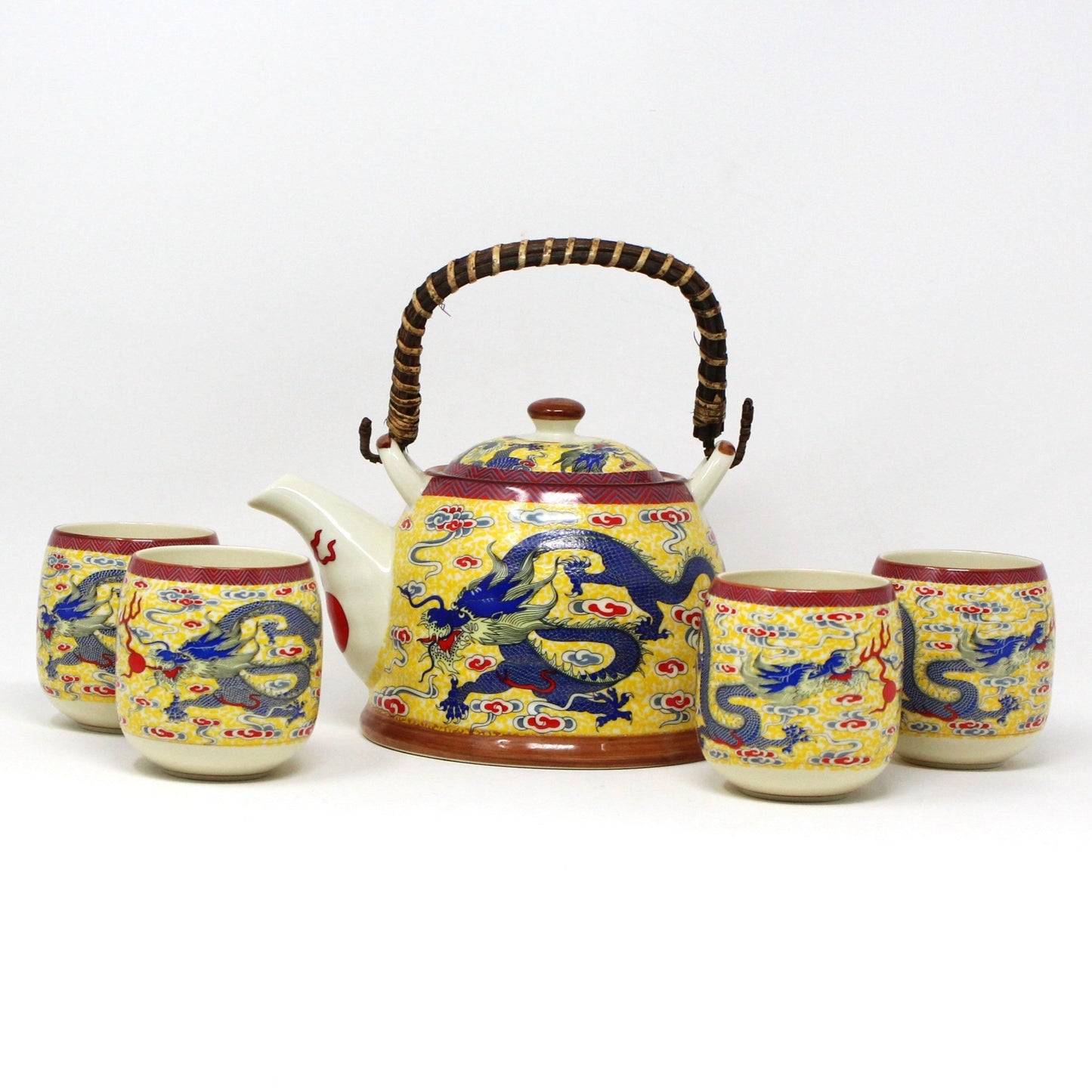 Tea Set, Teapot & 4 Teacups, Imperial Yellow with Blue Chinese Dragon, 5 Pcs