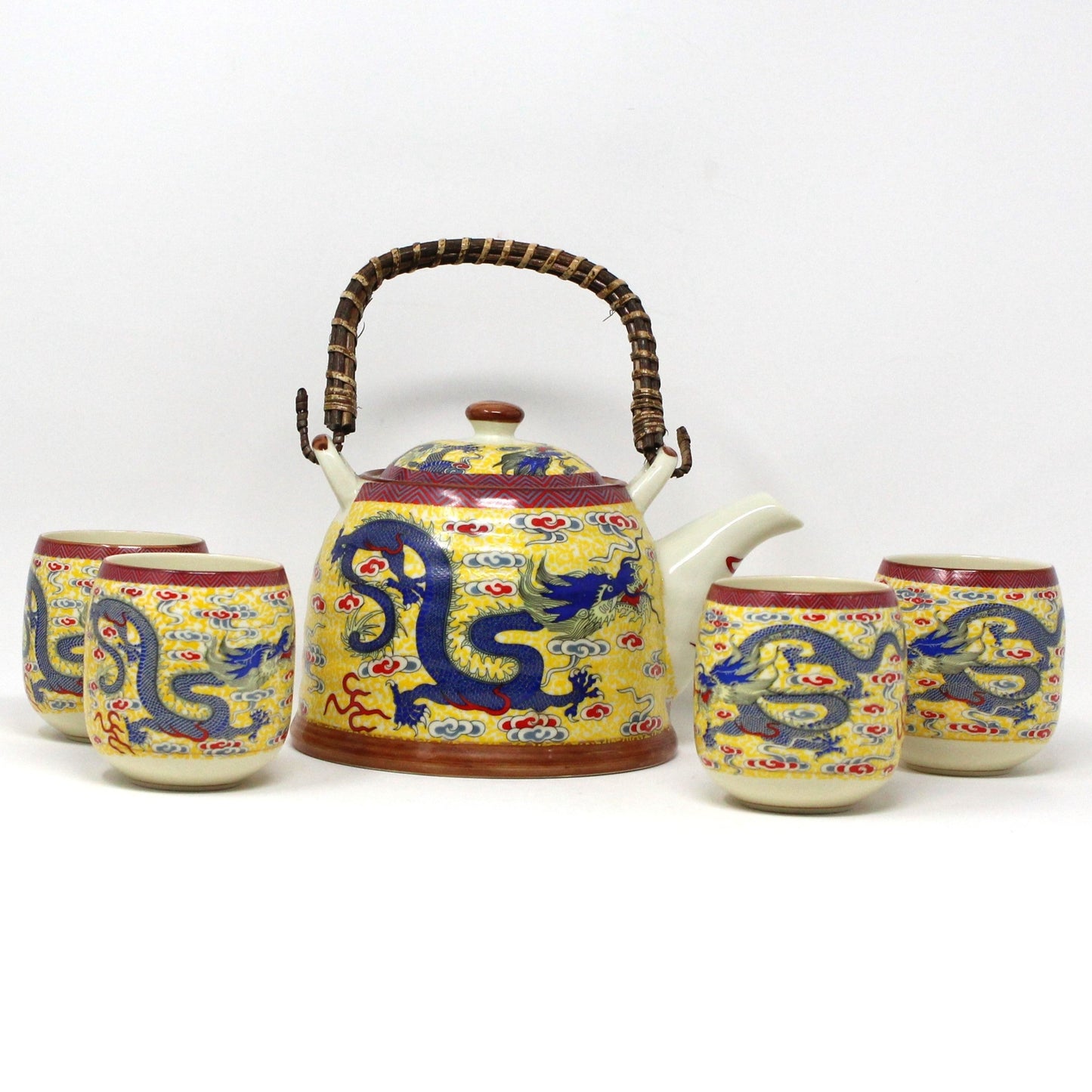 Tea Set, Teapot & 4 Teacups, Imperial Yellow with Blue Chinese Dragon, 5 Pcs