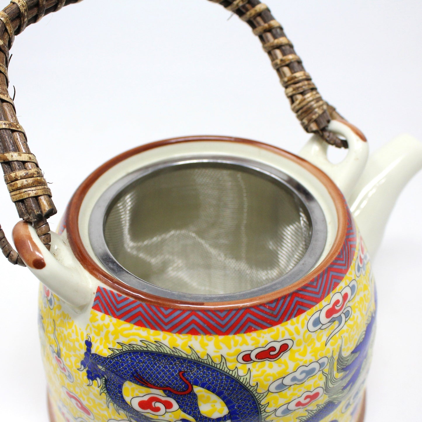 Tea Set, Teapot & 4 Teacups, Imperial Yellow with Blue Chinese Dragon, 5 Pcs