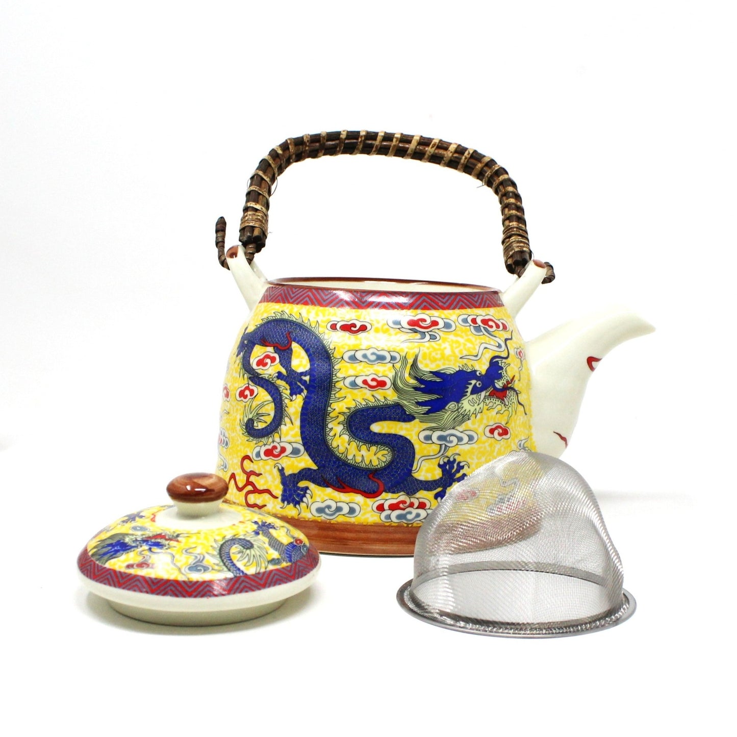 Tea Set, Teapot & 4 Teacups, Imperial Yellow with Blue Chinese Dragon, 5 Pcs
