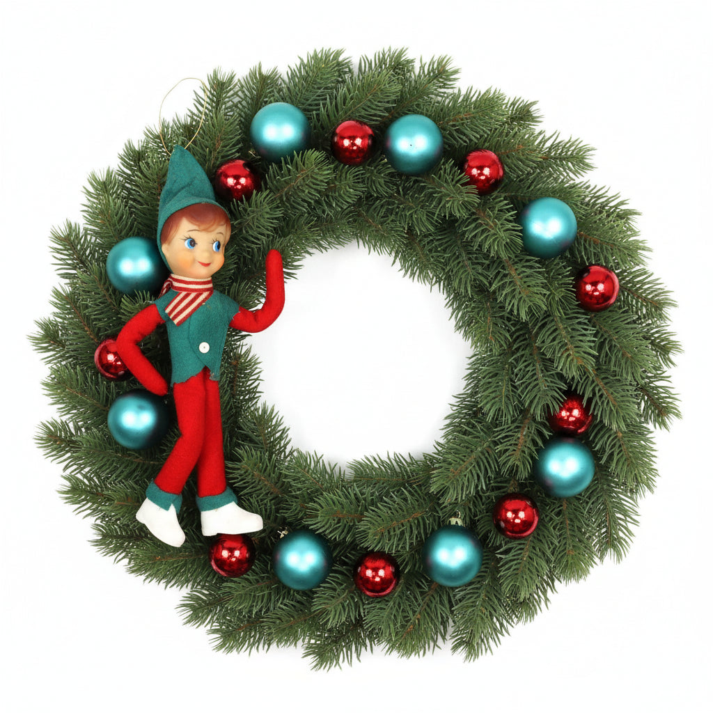 Ornaments, Pixie Elf Felt Doll, Christmas Red & Green with Blow Mold Shoes, Kitsch, Vintage