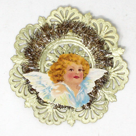 Vintage Christmas Ornament, Dresden Victorian Angel, Two Dimensional Die Cut and Tinsel, German Imports Mid Century.
