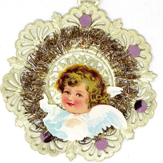 Ornaments, Dresden, Christmas Angel, Die Cut, Tinsel, Vintage West Germany
