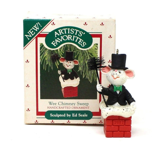 Vintage Hallmark ornament depicting a mouse chimney sweep in a top hat and coat,. In original box, designed by Ed Seale.  1987 Collectible