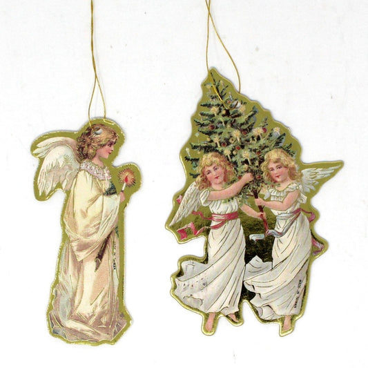Ornaments, Cardboard Die Cut, Victorian Merrimack Style Angels, Set of 2, Vintage