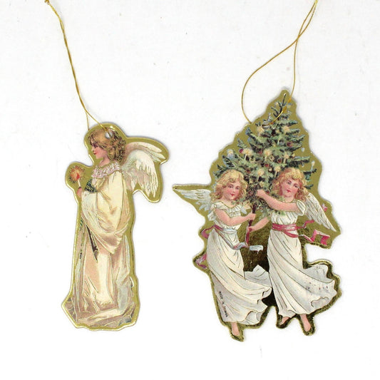 Ornaments, Cardboard Die Cut, Victorian Merrimack Style Angels, Set of 2, Vintage