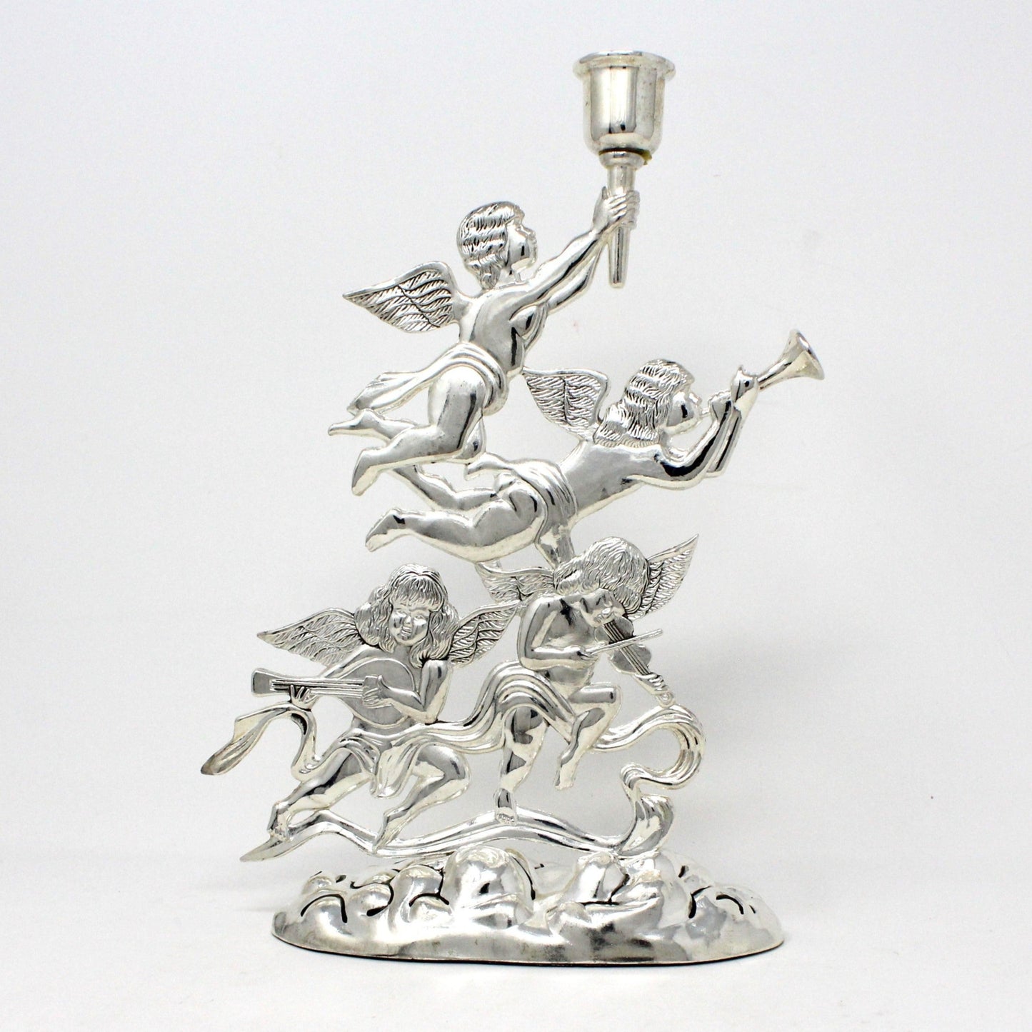 A silverplate candle holder featuring celestial cherubs playing musical instruments by Godinger.