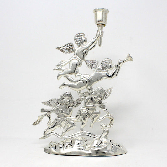 A silverplate candle holder featuring celestial cherubs playing musical instruments by Godinger.