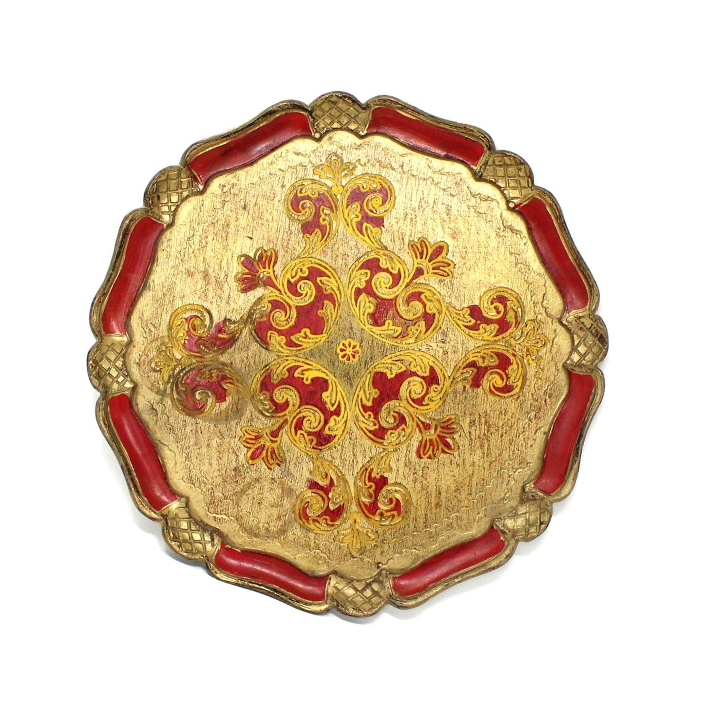 Tray, Italian Florentine, Red and Gold, 13.5" Round, Vintage, SOLD