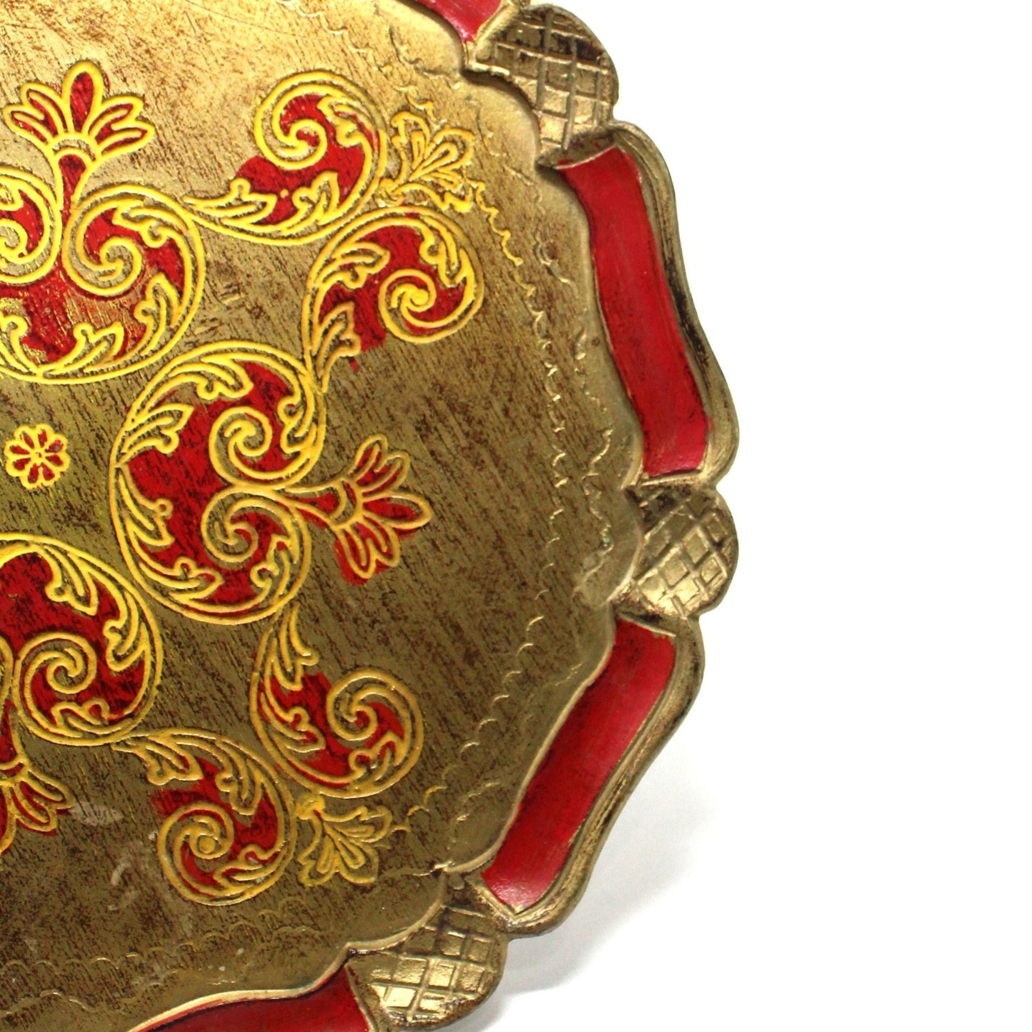 Tray, Italian Florentine, Red and Gold, 13.5" Round, Vintage, SOLD