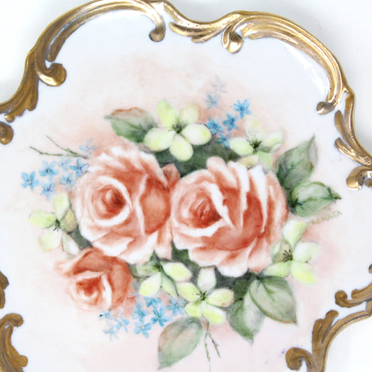 Decorative Plate, Hand Painted Pink Roses & Forget Me Nots, Signed, Antique