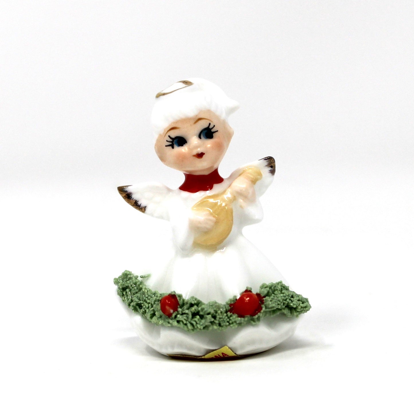 Figurines, Napcoware, Christmas Angel Playing Mandolin, Miniature Bone China Spaghetti, Taiwan, Vintage