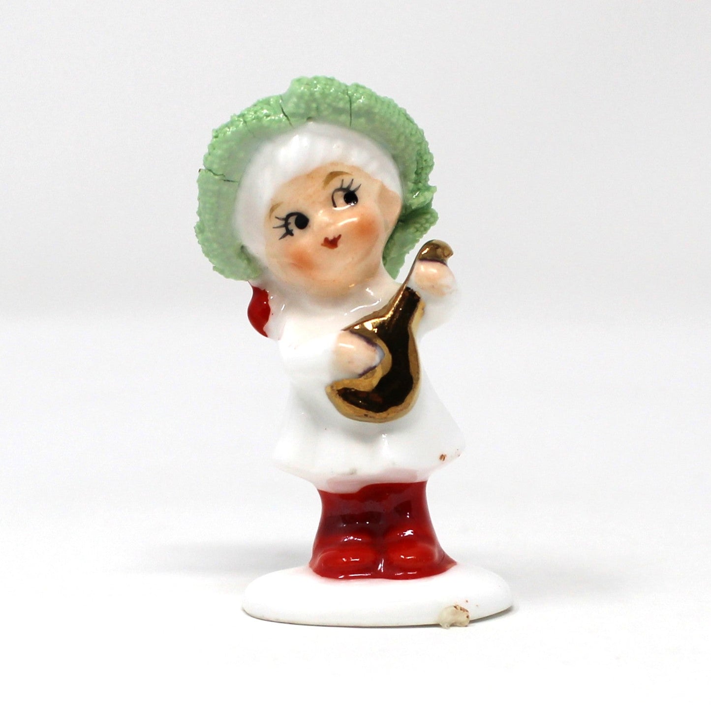 Figurines, Napcoware, Christmas Boy Playing Mandolin, Miniature Bone China Spaghetti, Taiwan, Vintage