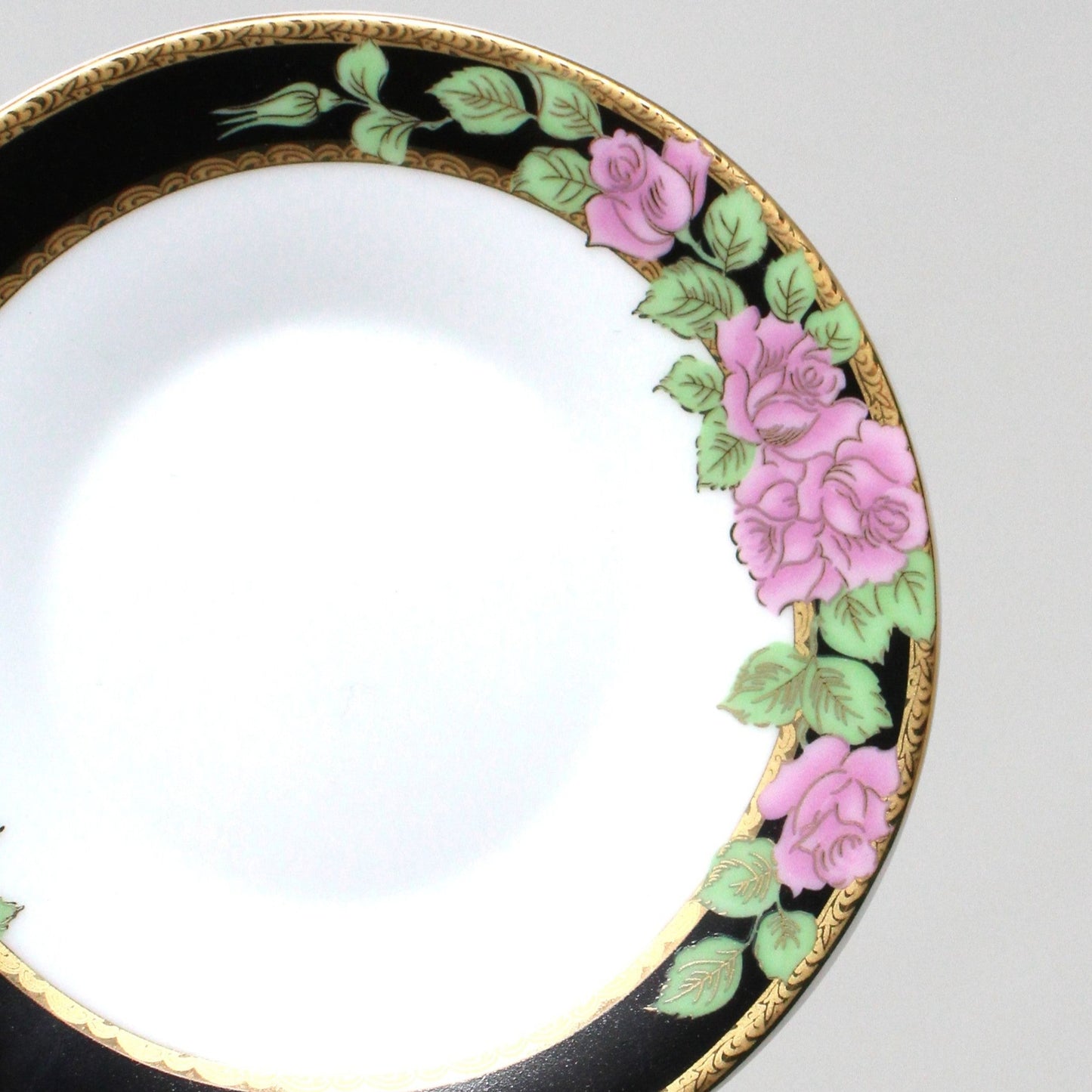 Demitasse & Saucer, GNA, Pink Roses with Black Border, Italian Porcelain, Vintage