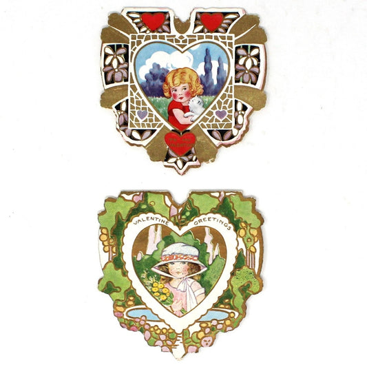 Greeting Card / Valentine Card, Whitney Made, Girl with Hat / Girl with Kitten, Set of 2, Vintage 1930's