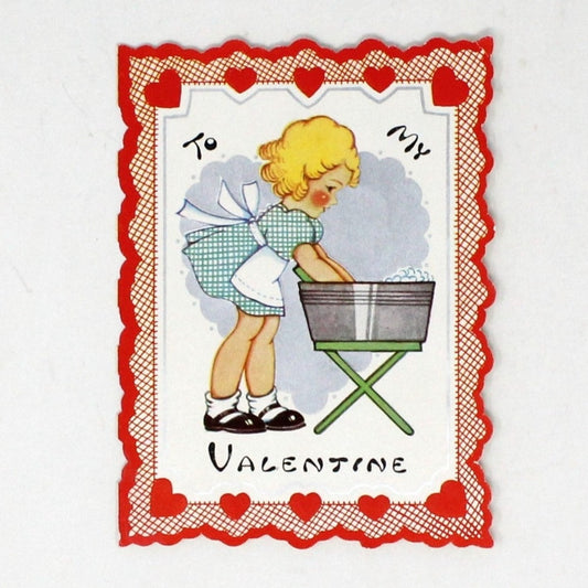 Greeting Card / Valentine Card, Girl Washing, Vintage 1930's
