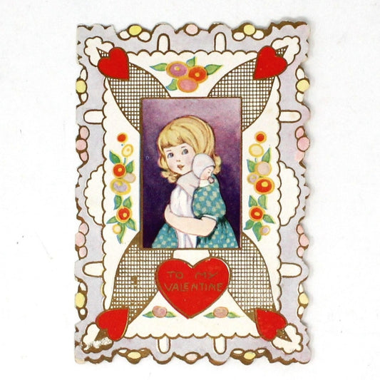 Greeting Card / Valentine Card, Whitney Made, Girl with Doll, Vintage 1930's