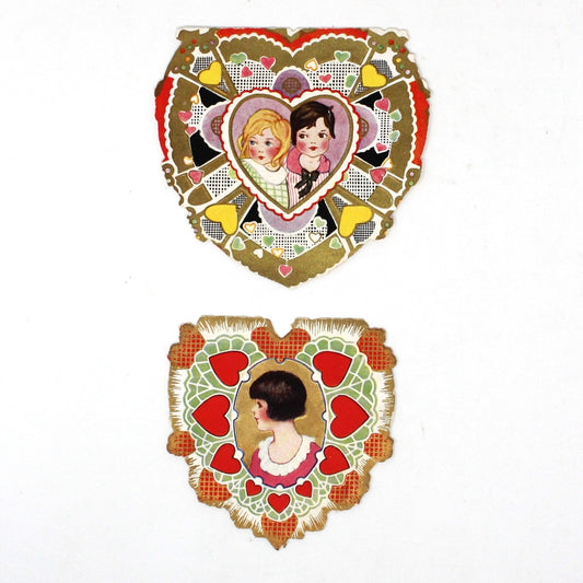 Greeting Card / Valentine Card, Whitney Made, Girl & Boy / Brunette Girl Profile, Set of 2, Vintage 1930's