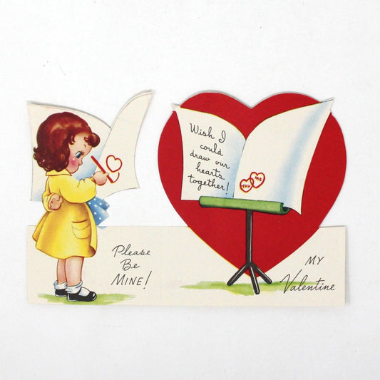Greeting Card / Valentine Card, A-Meri-Card, Fold Up, Girl Artist Drawing Hearts in Yellow Smock, Vintage