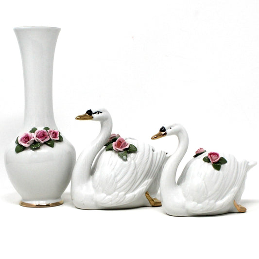 Vase, Dresden Style Swans & Bud Vase, Hand Applied Pink Roses, Vintage