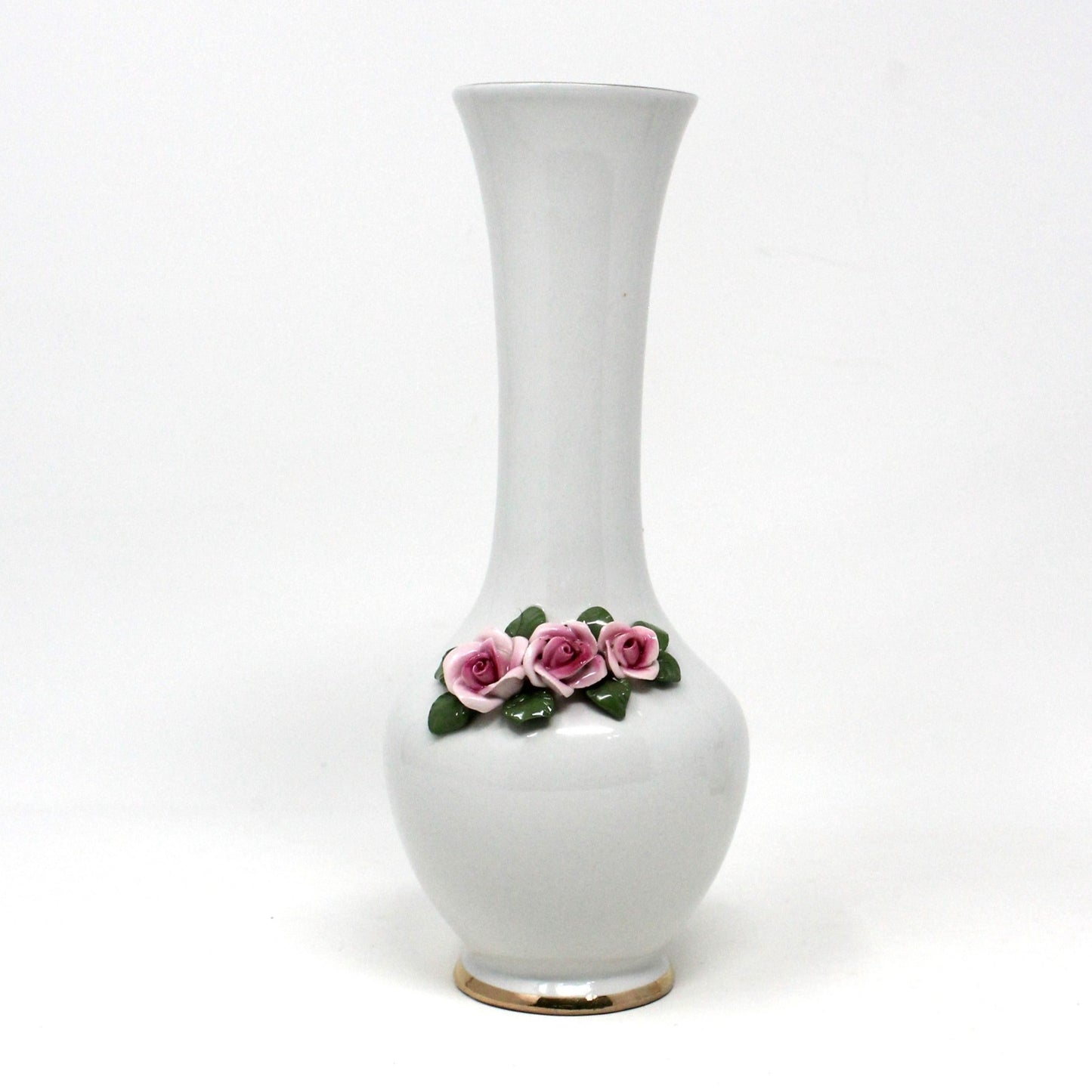 Vase, Dresden Style Swans & Bud Vase, Hand Applied Pink Roses, Vintage