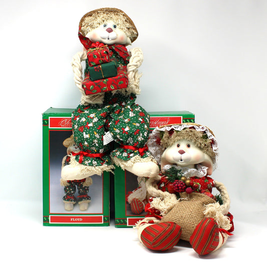 Christmas Dolls, Holiday Bunny Rabbit Shelf Sitters from House of Lloyd Holiday Home Decor, "Floyd & Flossie" Country Rabbits Display, Set of 2 in original box.