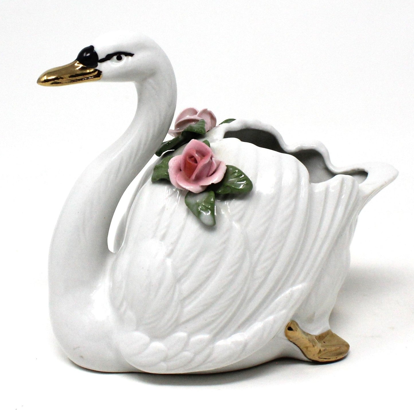 Vase, Dresden Style Swans & Bud Vase, Hand Applied Pink Roses, Vintage