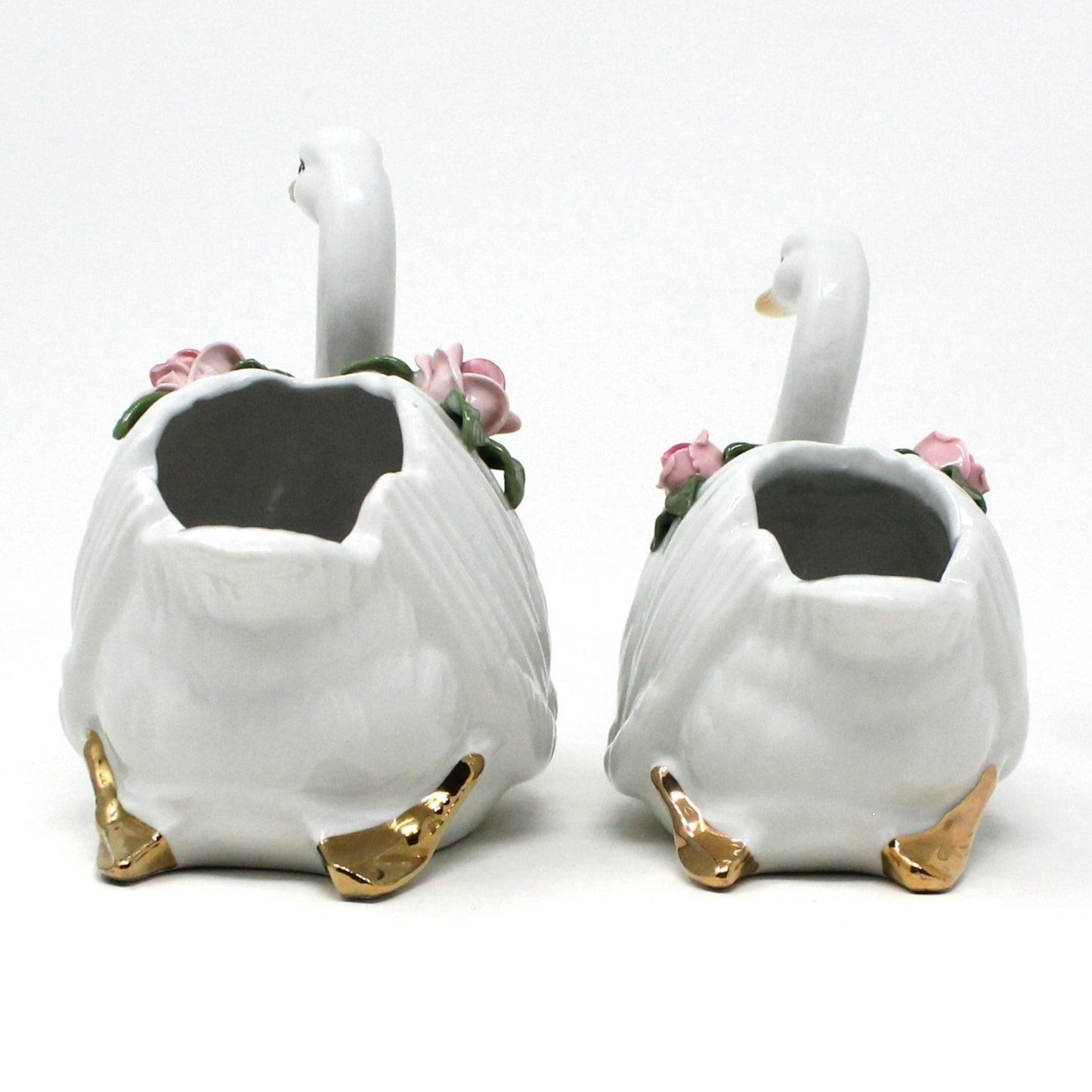 Vase, Dresden Style Swans & Bud Vase, Hand Applied Pink Roses, Vintage