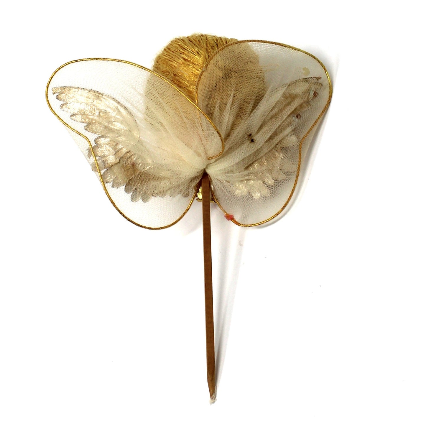 Ornaments, Christmas Angel Head Pick, Stockinette, Tulle & Gold Wings, Japan, Vintage