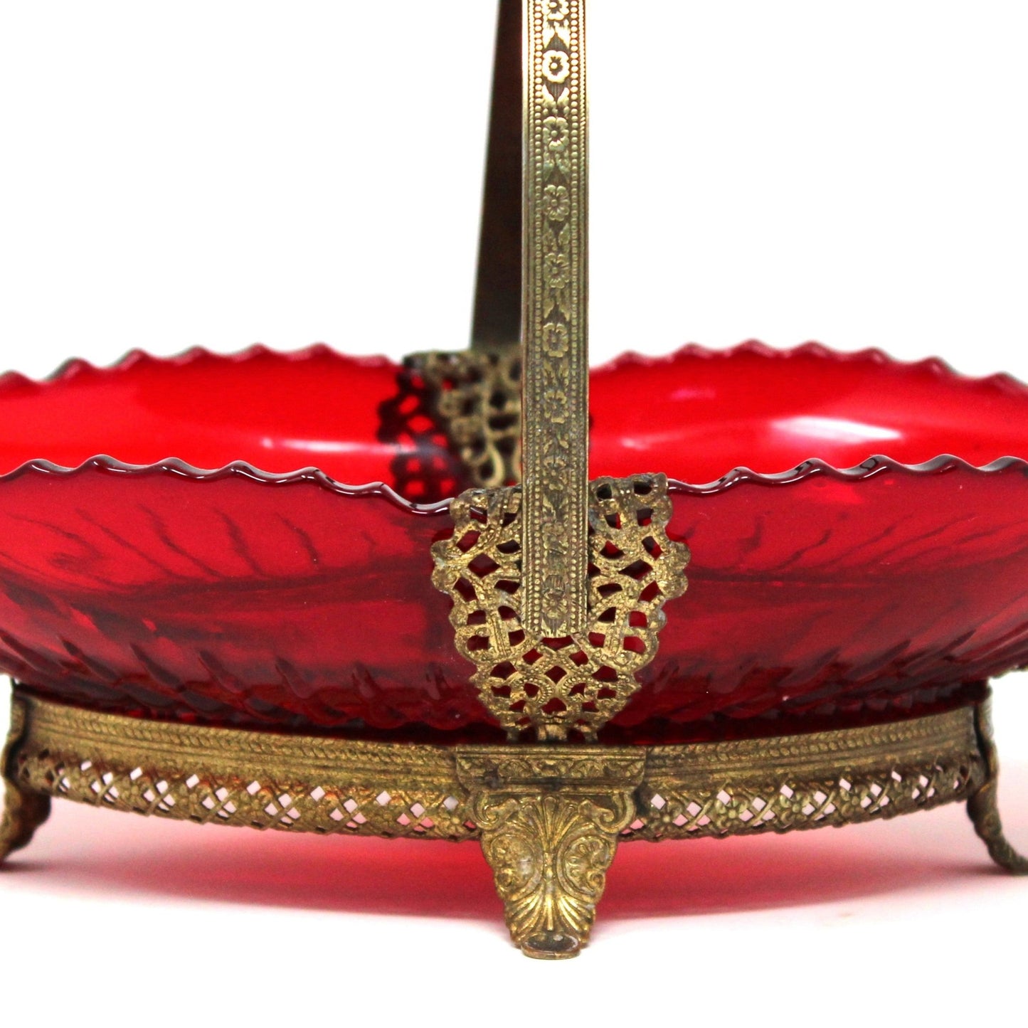 Basket, Imperial Glass, Pillar Flute Ruby Red Glass with Metal Frame & Handle, Vintage