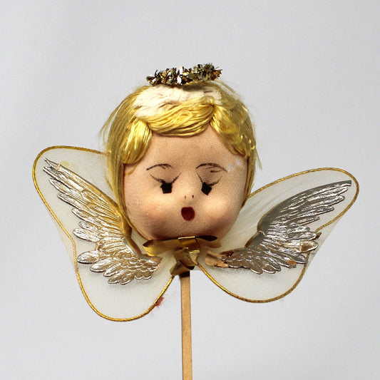 Ornaments, Christmas Angel Head Pick, Stockinette, Tulle & Gold Wings, Japan, Vintage