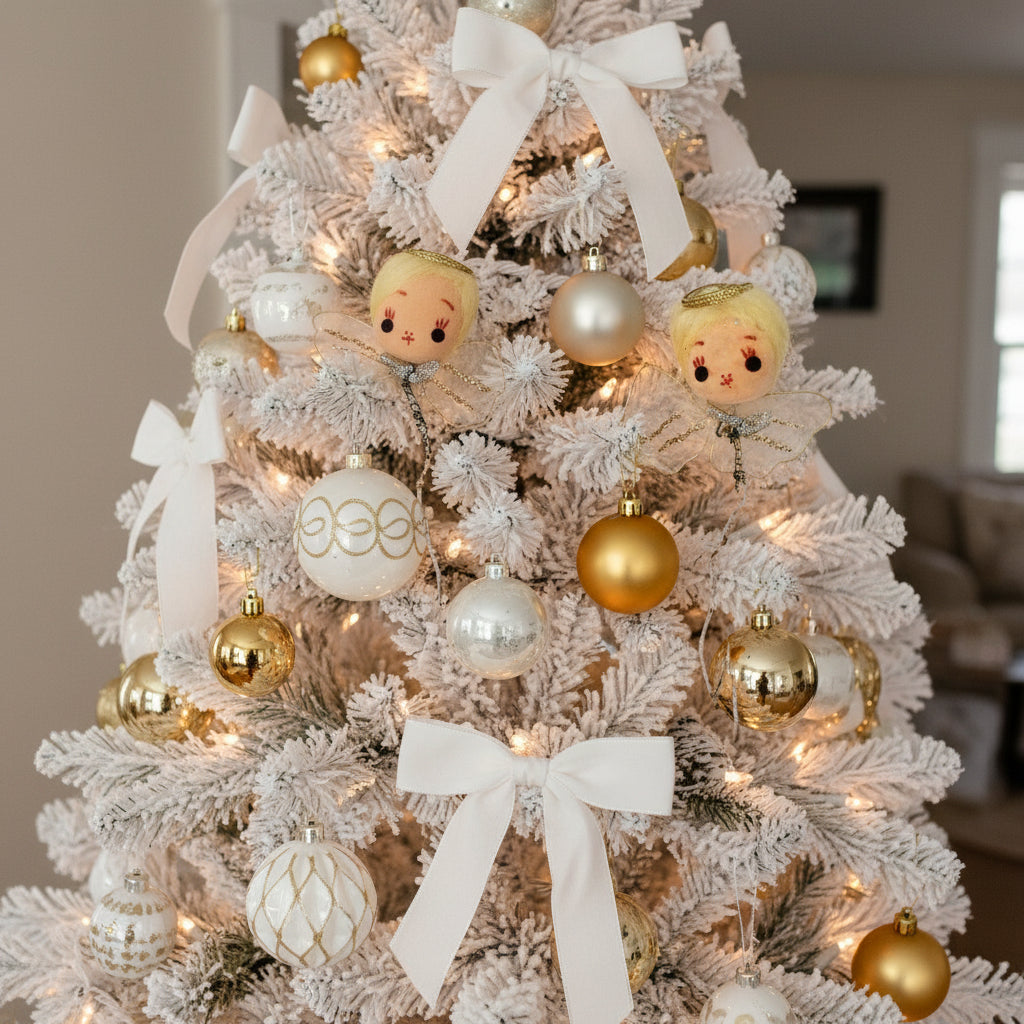 Ornaments, Christmas Angel Heads, Flocked Hand Painted Face, Tulle Wings, Set of 2, Japan, Vintage