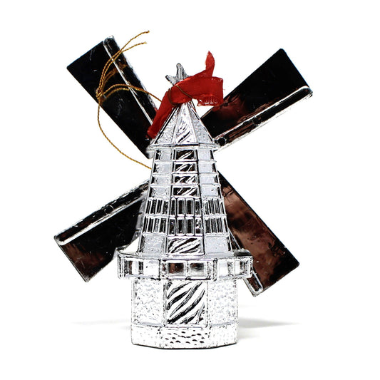 Ornaments, Christmas Holland Windmill, Silver Plastic, Vintage