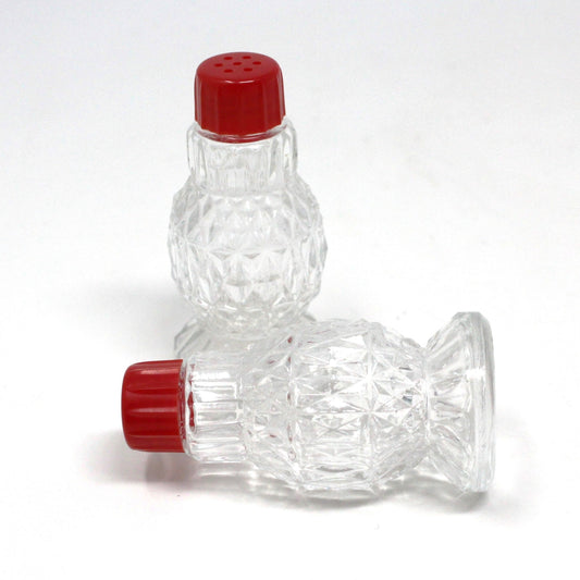 Salt and Pepper Shakers, Pressed Glass with Red Bakelite Tops, Vintage