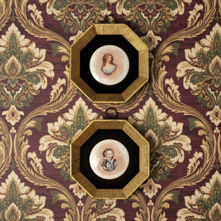 Framed Wall Hanging, Hand Painted Limoges Porcelain Cabochons, Sungott Art Studios, Set of 2, Velvet Matted, Vintage, 1950's