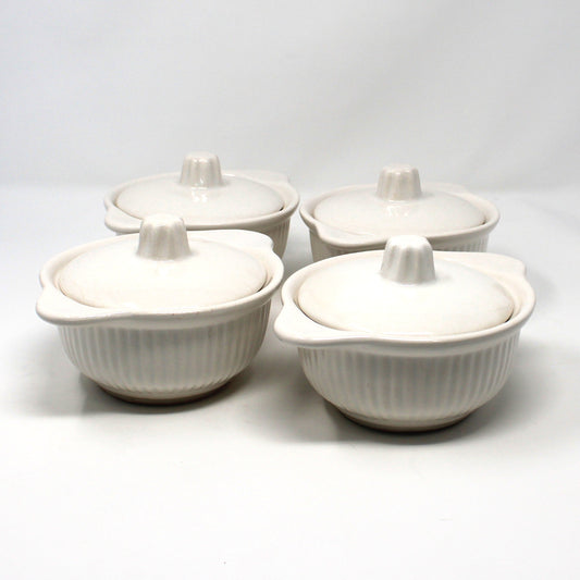 Vintage Set of Four Soup Crocks / Bowls, California USA Pottery 857, White Ceramic Lidded with Handles, Mid Century Dinnerware, Collectible Pottery.