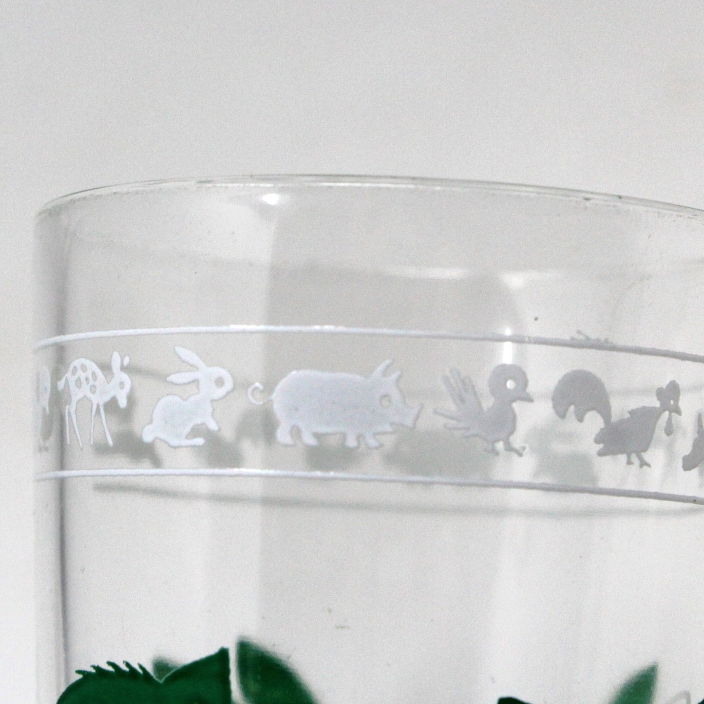 Juice Glass, Hazel Atlas, Swanky Swigs, Kiddie Kup, Baby Animals Green, Vintage, SOLD