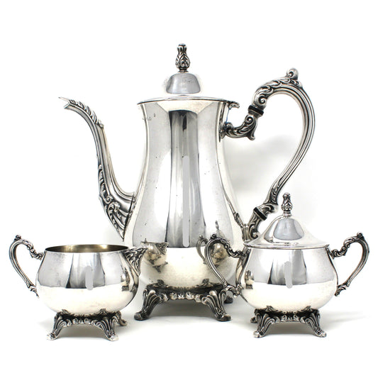 Coffee Serving Set, Silverplate, Coffee Pot, Sugar Bowl with Lid and Creamer, Oneida, Du Maurier Pattern Hollowware, Vintage