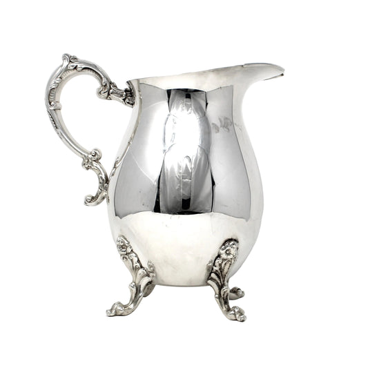 Pitcher, Sheridan, Water Pitcher w/Ice Lip, Silverplate, Footed, Ornate Handle, Vintage