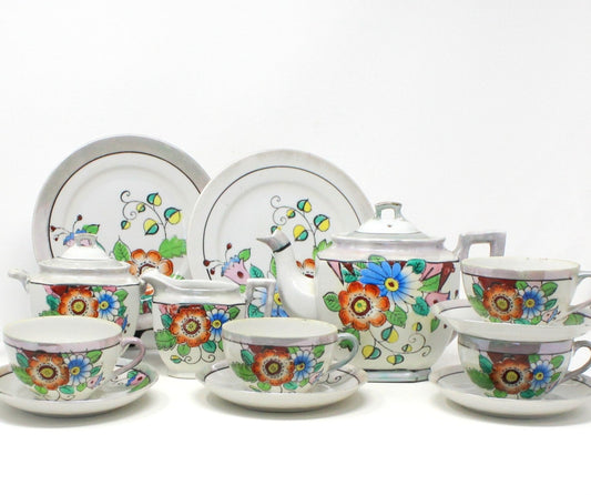 Tea Set, Japan Lusterware Floral, Teapot, Sugar, Creamer, Cups/Saucers & Plates, 13 Pcs, Vintage